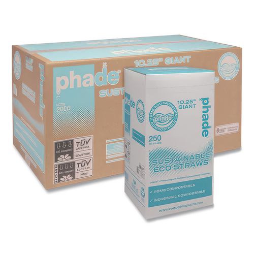 Image of phade 511179 Marine Biodegradable Straws, 10.25", PHA, Ocean Blue Color, Wrapped, 250/Box, 8 Boxes/Carton