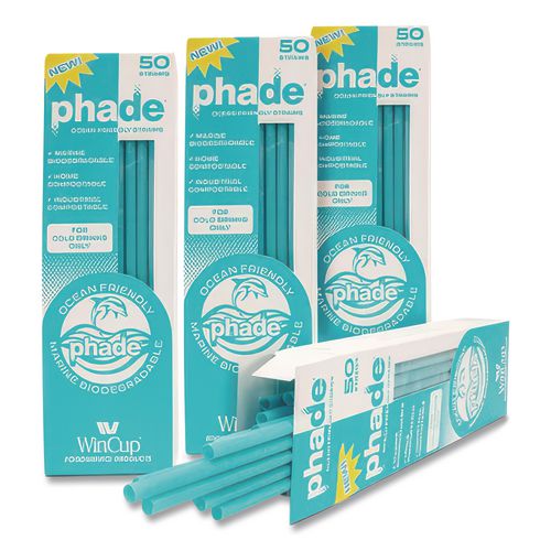 Image of phade 511180 Marine Biodegradable Straws, 8.5", Pha, Ocean Blue, Wrapped, 300/box, 4 Boxes/carton