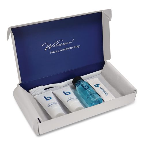 Image of Boardwalk® AMENKIT Amenities Kit, Mouth Rinse, Toothbrush, Toothpaste, Body Wash, Shampoo, Green Tea Lemongrass, 12 Kits/Carton