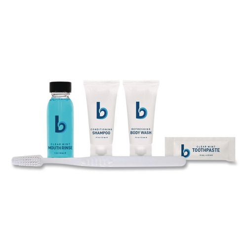 Image of Boardwalk® AMENKIT Amenities Kit, Mouth Rinse, Toothbrush, Toothpaste, Body Wash, Shampoo, Green Tea Lemongrass, 12 Kits/Carton