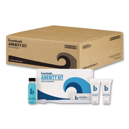 Image of Boardwalk® AMENKIT Amenities Kit, Mouth Rinse, Toothbrush, Toothpaste, Body Wash, Shampoo, Green Tea Lemongrass, 12 Kits/Carton