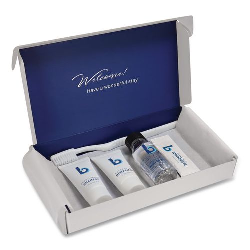 Image of Boardwalk® AMENKITLA Amenities Kit, Mouth Rinse, Toothbrush, Toothpaste, Body Wash, Shampoo, Low Allergen, 12 Kits/Carton