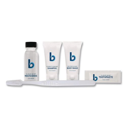 Image of Boardwalk® AMENKITLA Amenities Kit, Mouth Rinse, Toothbrush, Toothpaste, Body Wash, Shampoo, Low Allergen, 12 Kits/Carton