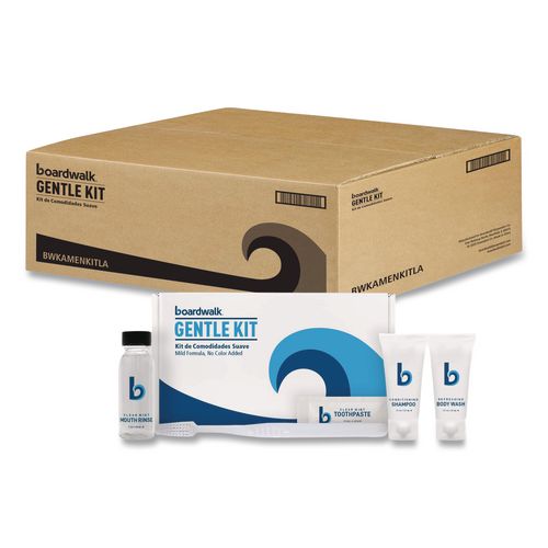 Image of Boardwalk® AMENKITLA Amenities Kit, Mouth Rinse, Toothbrush, Toothpaste, Body Wash, Shampoo, Low Allergen, 12 Kits/Carton