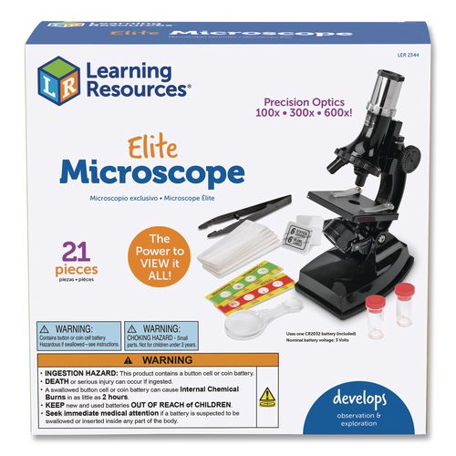 Image of Learning Resources® LER2344 Elite Microscope, 100x/300x/600x Magnification, Simple Stage, Mirror Illuminator, Black, 21 Pieces
