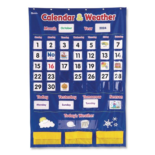 Image of Learning Resources® LER2418 Calendar and Weather Pocket Chart, 46 Pockets, 14.7 x 32.2, Blue, 136 Cards