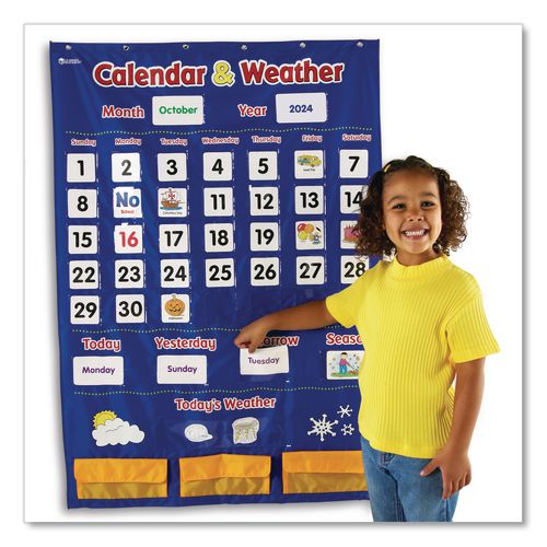Image of Learning Resources® LER2418 Calendar and Weather Pocket Chart, 46 Pockets, 14.7 x 32.2, Blue, 136 Cards