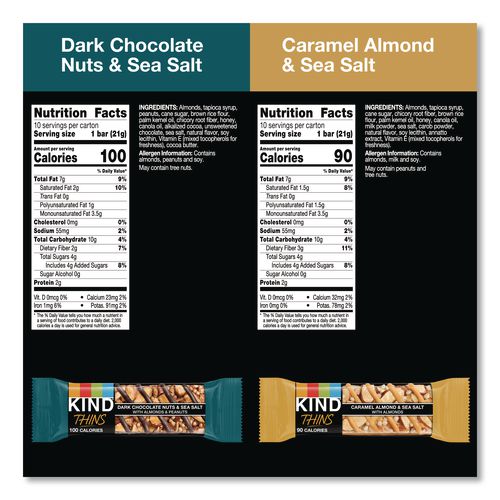 Image of KIND 41888 Thins Dark Chocolate Nuts and Sea Salt/Caramel Almond and Sea Salt Variety Pack, 0.74 oz Bar, 20/Box
