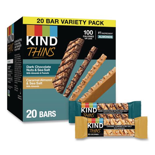 Image of KIND 41888 Thins Dark Chocolate Nuts and Sea Salt/Caramel Almond and Sea Salt Variety Pack, 0.74 oz Bar, 20/Box