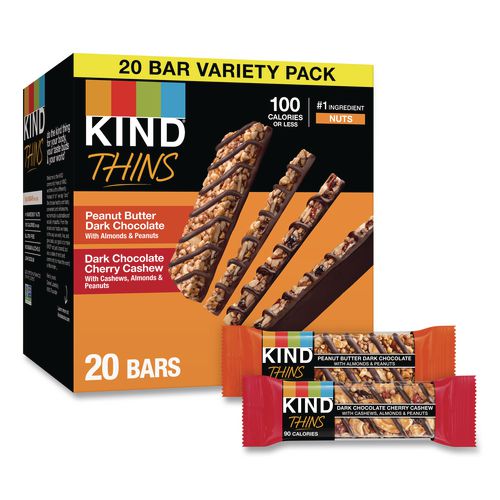 Image of KIND 41891 Thins Peanut Butter Dark Chocolate and Dark Chocolate Cherry Cashew Variety Pack, 0.74 oz Bar, 20/Box