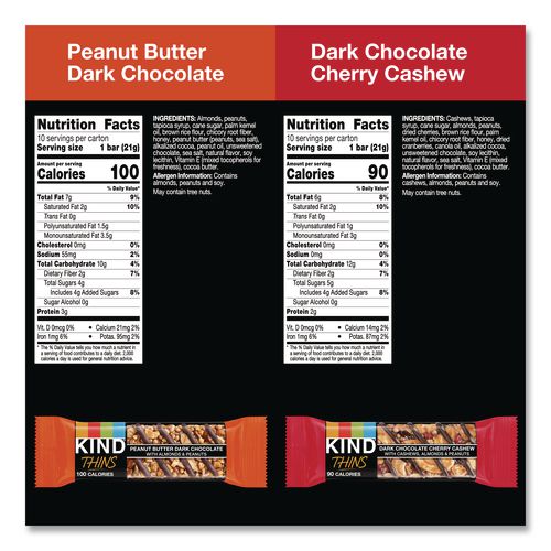 Image of KIND 41891 Thins Peanut Butter Dark Chocolate and Dark Chocolate Cherry Cashew Variety Pack, 0.74 oz Bar, 20/Box