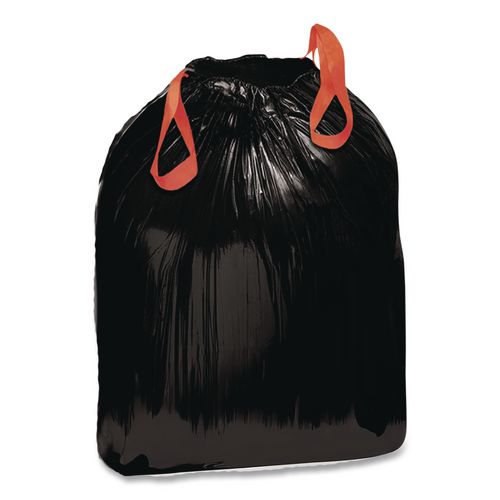 Image of Draw 'n Tie® 1518607 Heavy-Duty Trash Bags, Drawstring, 33 gal, 1.2 mil, 33.5" x 38", Black, 25 Bags/Roll, 6 Rolls/Box