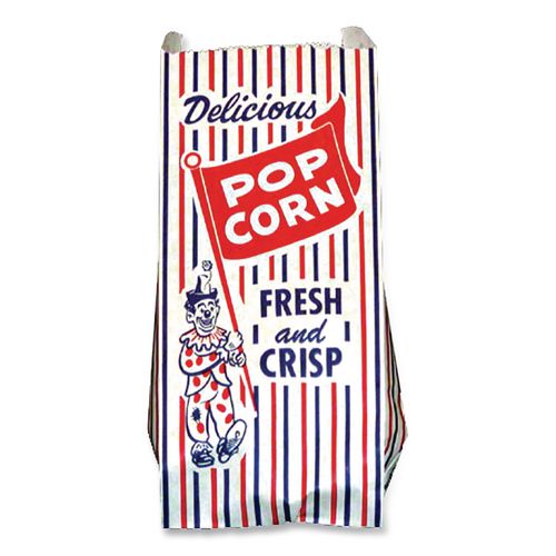 Image of Bagcraft 300471 Pinch-Bottom Paper Popcorn Bag, Delicious Popcorn: Circus Clown Icon Labeling, 4" x 1.5" x 8", Red/White/Blue, 1,000/Carton