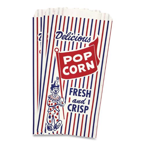 Image of Bagcraft 300471 Pinch-Bottom Paper Popcorn Bag, Delicious Popcorn: Circus Clown Icon Labeling, 4" x 1.5" x 8", Red/White/Blue, 1,000/Carton
