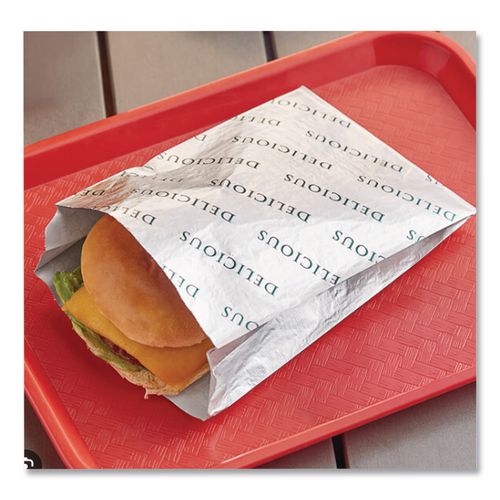 Image of Bagcraft 300519 Foil/Paper/Honeycomb Insulated Bag, Delicious Labeling, 8" x 2" x 6", White, 1,000/Carton
