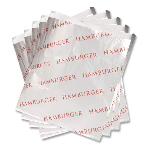 Image of Bagcraft 300527 Foil Single-Serve Bags, Hamburger Labeling, 6" x 0.75" x 6.5", Silver/Red, 1,000/Carton