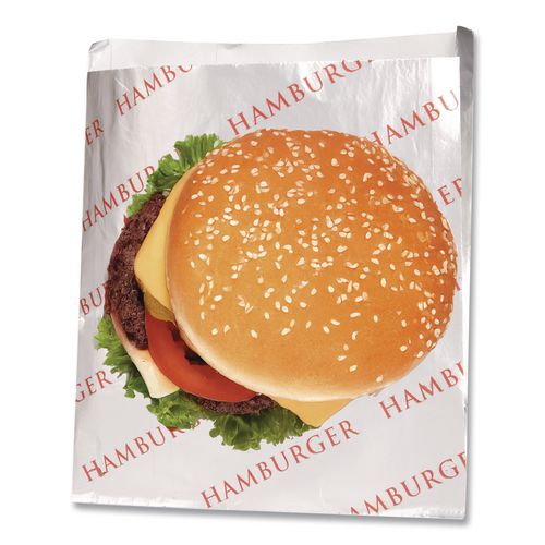 Image of Bagcraft 300527 Foil Single-Serve Bags, Hamburger Labeling, 6" x 0.75" x 6.5", Silver/Red, 1,000/Carton