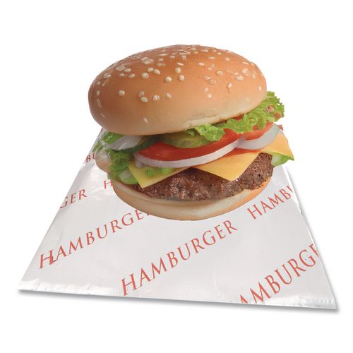 Image of Bagcraft 300527 Foil Single-Serve Bags, Hamburger Labeling, 6" x 0.75" x 6.5", Silver/Red, 1,000/Carton