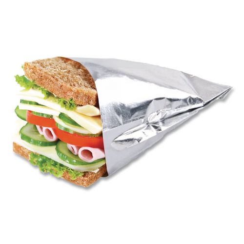 Image of Bagcraft 300533 Foil Single-Serve Bags, Unlabeled Burger, 6" x 0.75" x 6.5", Silver, 1,000/Carton