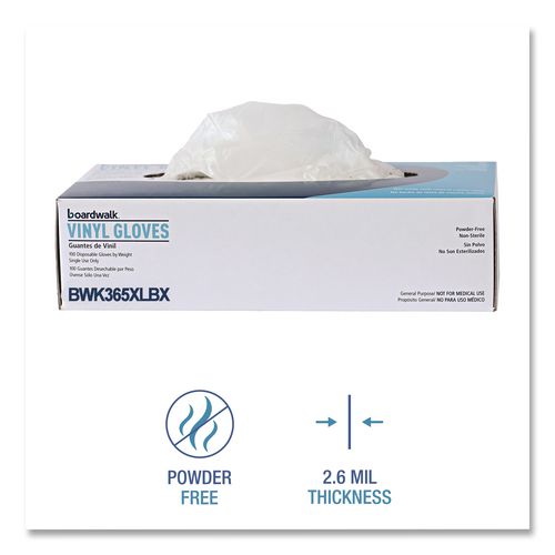 Image of Boardwalk® BWK365XLBX General Purpose Vinyl Gloves, Powder-Free, X-Large, 2.6 mil Thick, 9.5" Long, Clear, 100/Box