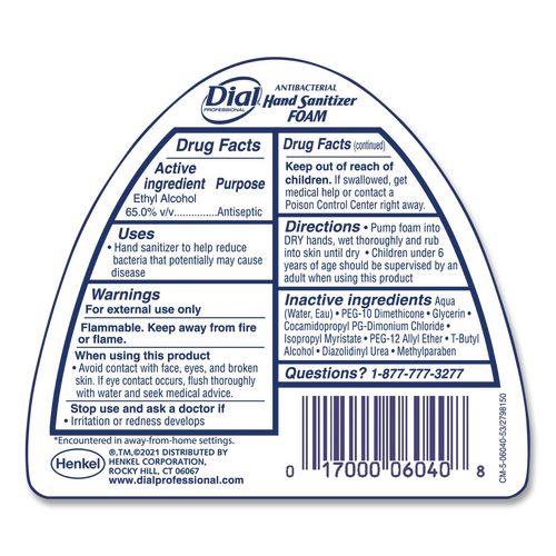 Image of Dial® Professional 06040 Antibacterial Foam Hand Sanitizer, 15.2 Oz Pump Bottle, Fragrance-Free