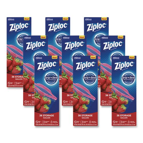 Image of Ziploc® 383233 Double Zipper Storage Bags, Triple System Seal, Gallon, 10.56" x 10.75", Clear, 38 Bags/Box, 9 Boxes/Carton