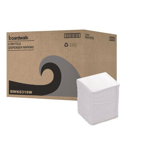 Image of Boardwalk® BWK8316 Low-Fold Dispenser Napkins, 1-Ply, 7 x 12, White, 400/Pack, 20 Packs//Carton