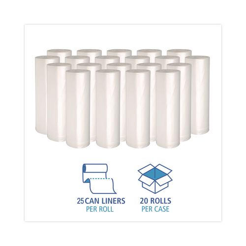 Image of Boardwalk® Z6036LN GR1 High-Density Can Liners, 30 gal, 8 mic, 30" x 36", Natural, Perforated Roll, 25 Bags/Roll, 20 Rolls/Carton