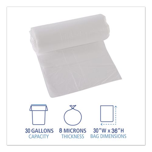 Image of Boardwalk® Z6036LN GR1 High-Density Can Liners, 30 gal, 8 mic, 30" x 36", Natural, Perforated Roll, 25 Bags/Roll, 20 Rolls/Carton
