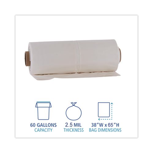 Image of Boardwalk® K7665WCK Industrial Can Liner Rolls, 60 gal, 2.5 mil, 21" x 17" x 65", Clear, 50/Carton