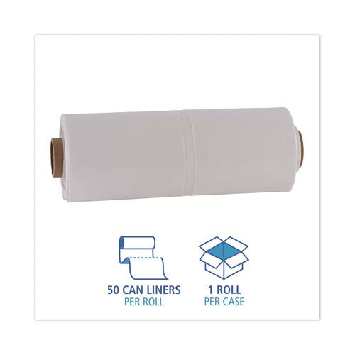 Image of Boardwalk® K7665WCK Industrial Can Liner Rolls, 60 gal, 2.5 mil, 21" x 17" x 65", Clear, 50/Carton