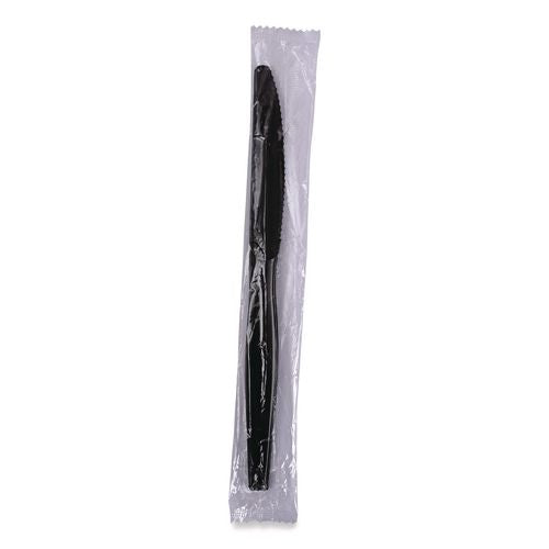 Image of Boardwalk® BWKKNIHWPPBIW Heavyweight Wrapped Polypropylene Cutlery, Knife, Plastic, Black, 1,000/Carton
