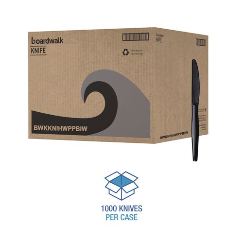 Image of Boardwalk® BWKKNIHWPPBIW Heavyweight Wrapped Polypropylene Cutlery, Knife, Plastic, Black, 1,000/Carton