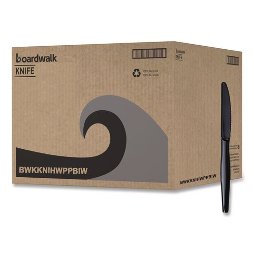 Image of Boardwalk® BWKKNIHWPPBIW Heavyweight Wrapped Polypropylene Cutlery, Knife, Plastic, Black, 1,000/Carton