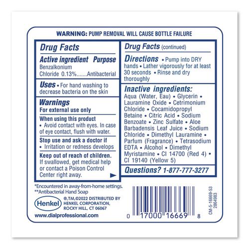 Image of Dial® Professional 16670 Antibacterial Foaming Hand Wash Refill for FIT Manual Dispenser, Original Scent, 1.2 L, 3/Carton