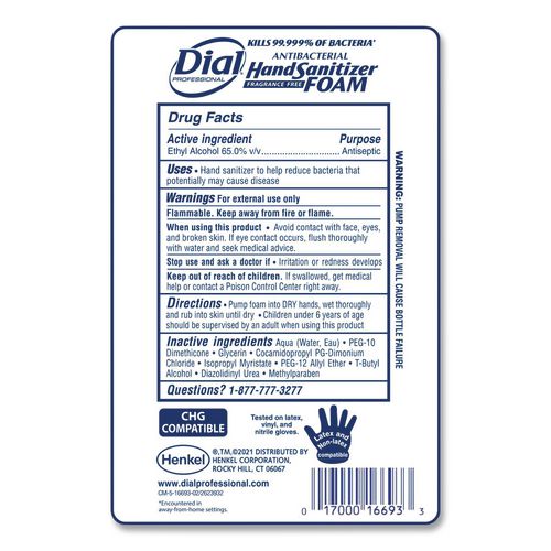 Image of Dial® Professional 16694 Antibacterial Foaming Hand Sanitizer Refill For Fit Touch Free Dispenser, 1 L Bottle, Fragrance-Free, 3/carton