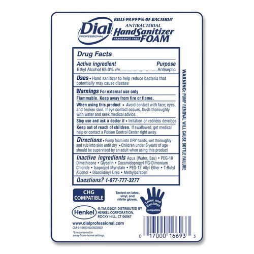 Image of Dial® Professional 16694EA Antibacterial Foaming Hand Sanitizer Refill For Fit Touch Free Dispenser, 1 L Bottle, Fragrance-Free