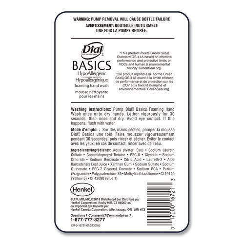 Image of Dial® Professional 16722 Basics Hypoallergenic Foaming Hand Wash Refill for FIT Touch Free Dispenser, Honeysuckle Scent, 1 L, 3/Carton