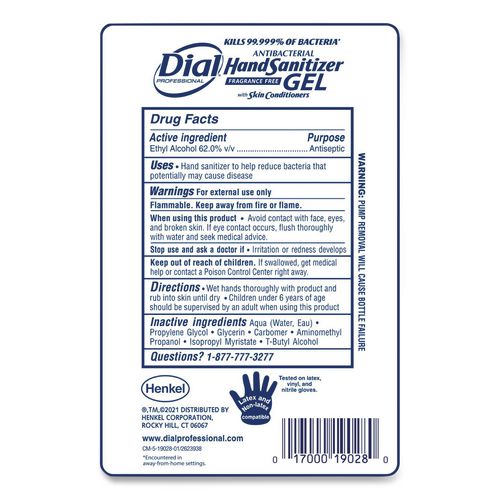 Image of Dial® Professional 19029 Antibacterial Gel Hand Sanitizer Refill For Fit Touch Free Dispenser, 1.2 L Bottle, Fragrance-Free, 3/carton