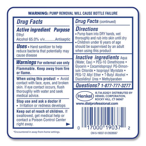 Image of Dial® Professional 19038 Antibacterial Foaming Hand Sanitizer Refill For Fit Manual Dispenser, 1.2 L Bottle, Fragrance-Free, 3/carton