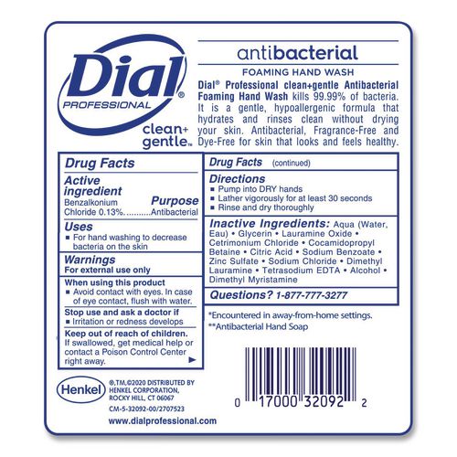 Image of Dial® Professional 17000 32094 Clean+Gentle Antibacterial Foaming Hand Wash Refill for 1700 Dispenser, Fragrance-Free, 1.7 L, 3/Carton