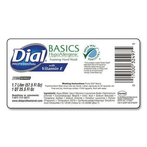 Image of DialÂ® Professional Basics Hypoallergenic Foaming Hand Wash Refill for 1700 Dispenser, with Vitamin E, Honeysuckle Scent, 1.7 L, 3/Carton