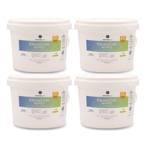 Image of Wexford Labs 3130B400DCT CleanCide Disinfecting Wipes, 1-Ply, 8 x 5.5, Fresh Scent, White, 400/Tub, 4 Tubs/Carton