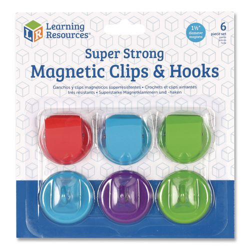 Image of Learning Resources® LER2691 Super Strong Magnetic Clips and Hooks, Small, 1.5" Diameter, Assorted Colors, 3 Clips/3 Hooks