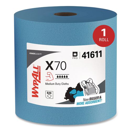 Image of WypAll® 41611 X70 Cloths, Jumbo Roll, 12.4 x 12.2, Blue, 820/Roll