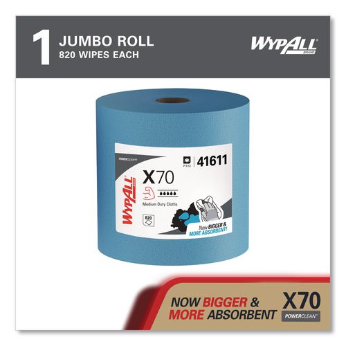 Image of WypAll® 41611 X70 Cloths, Jumbo Roll, 12.4 x 12.2, Blue, 820/Roll