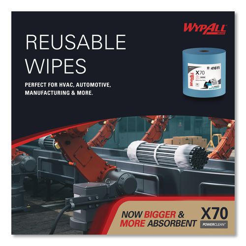 Image of WypAll® 41611 X70 Cloths, Jumbo Roll, 12.4 x 12.2, Blue, 820/Roll