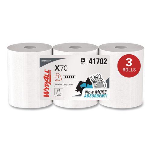 Image of WypAll® 41702 X70 Cloths, Center-Pull, 9.8 x 12.2, White, 275/Roll, 3 Rolls/Carton
