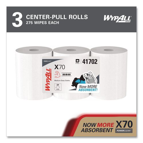 Image of WypAll® 41702 X70 Cloths, Center-Pull, 9.8 x 12.2, White, 275/Roll, 3 Rolls/Carton