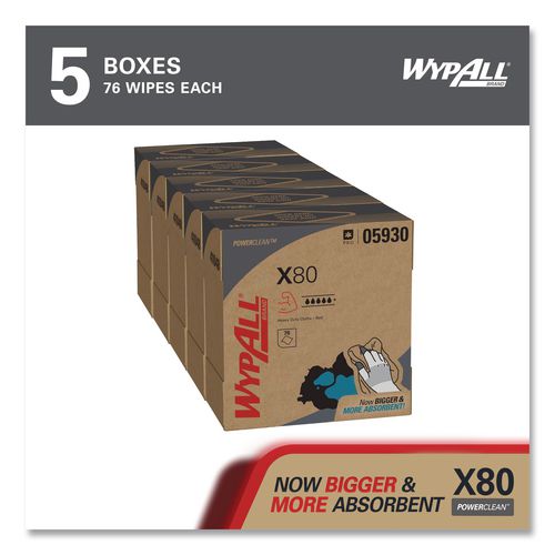 Image of WypAll® 05930 Power Clean X80 Heavy Duty Cloths, HYDROKNIT, POP-UP Box, 8.34 x 16.8, Red, 76/Box, 5 Box/Carton